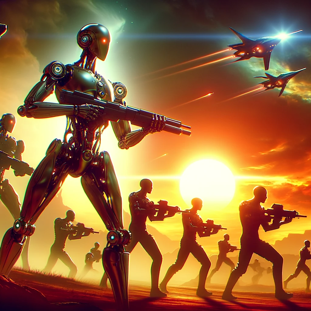 DALL·E 2024-04-14 22.06.05 - Dynamic scene of android warriors and human fighters arming themselves with futuristic weapons, readying for the alien attack under a setting sun that.webp