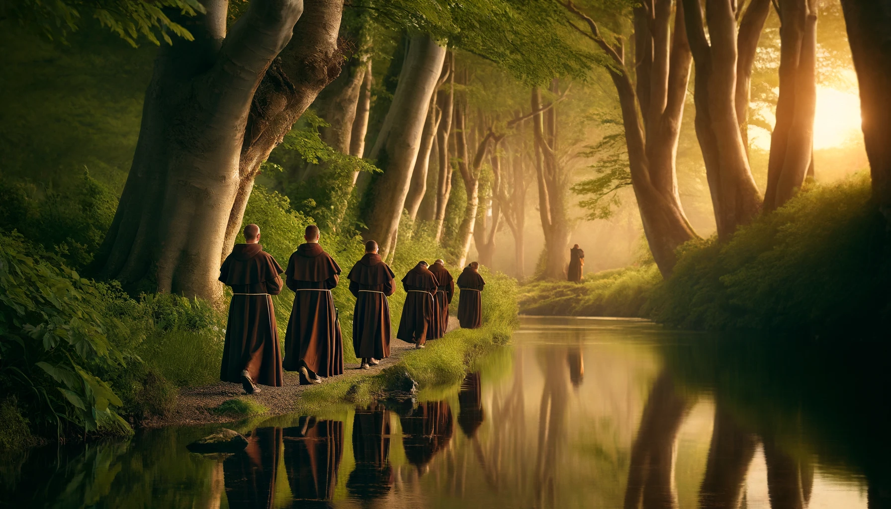 DALL·E 2024-04-21 10.58.51 - A group of monks in brown Catholic-style habits walking along a wooded path beside a calm river, their reflections mirrored in the water. The ancient .webp