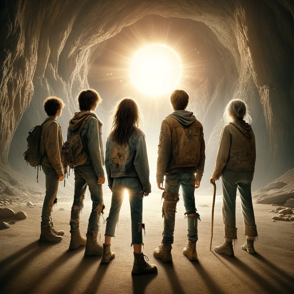 DALL·E 2024-04-17 22.18.41 - In a spacious cave with rugged terrain, a contemporary family of five is seen from behind, facing a large glowing orb in the background. Their clothin.webp