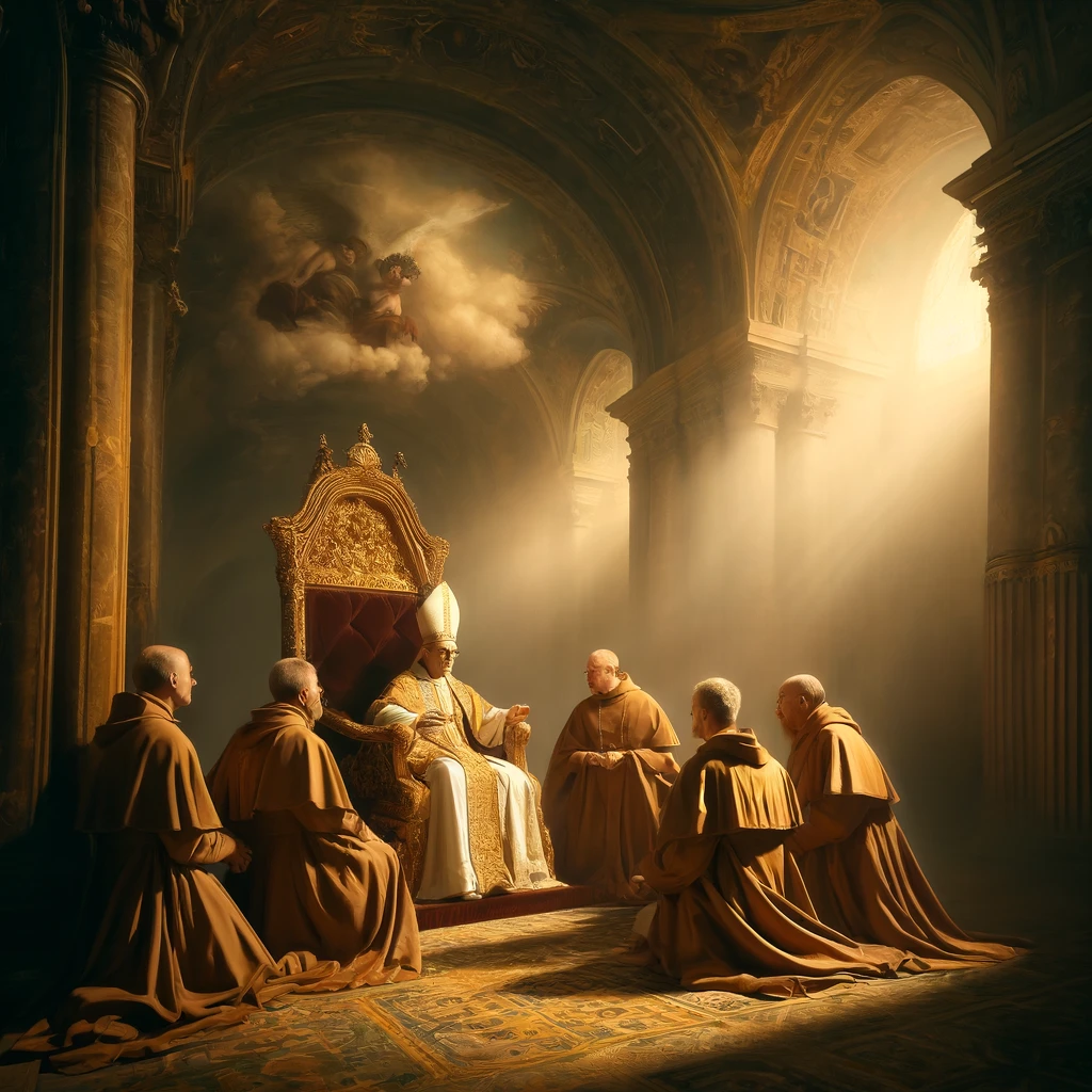 DALL·E 2024-04-20 22.34.35 - Craft a hyper-realistic and dramatic photograph depicting a scene with five monks gathered around the Pope, who is prominently seated in a luxurious v.webp