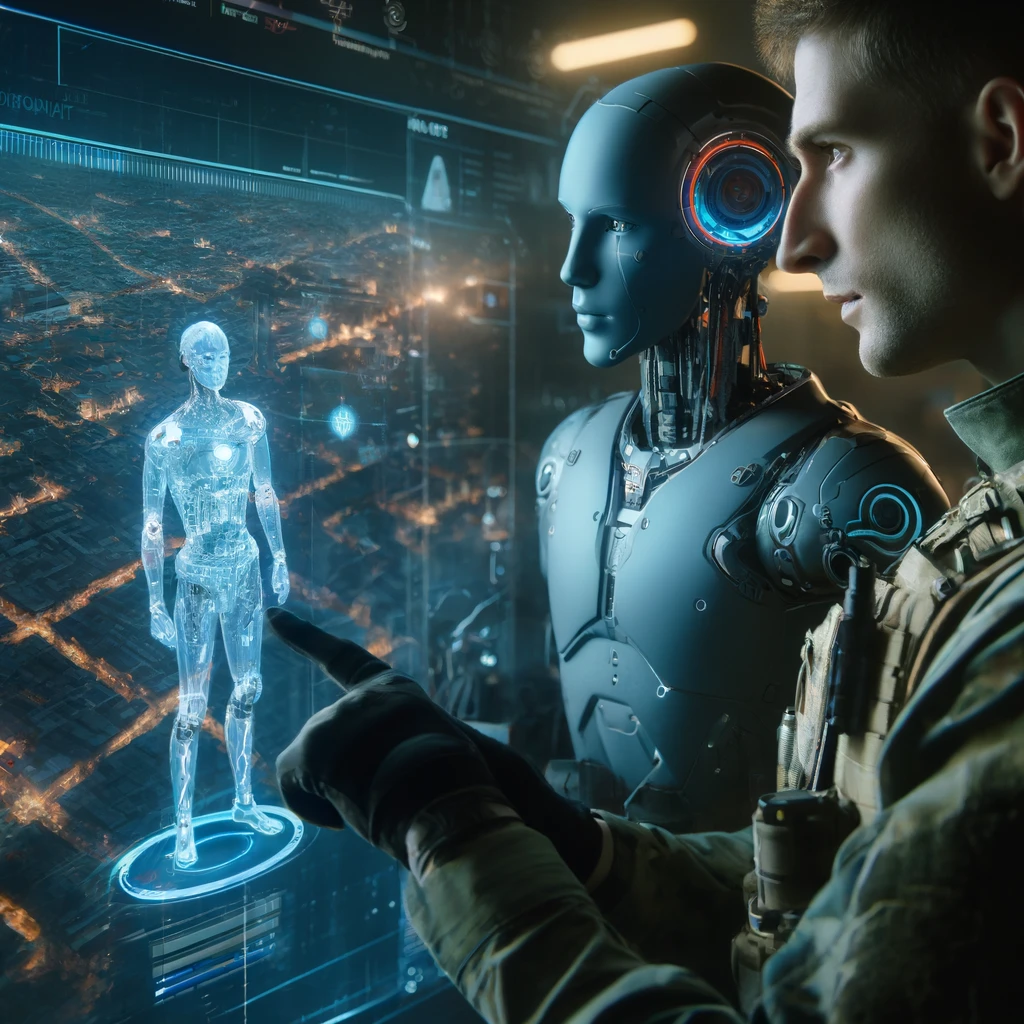 DALL·E 2024-04-14 22.04.52 - Close-up of an android soldier and a human commander discussing strategy over a holographic map of the city, showcasing their unity and determination .webp