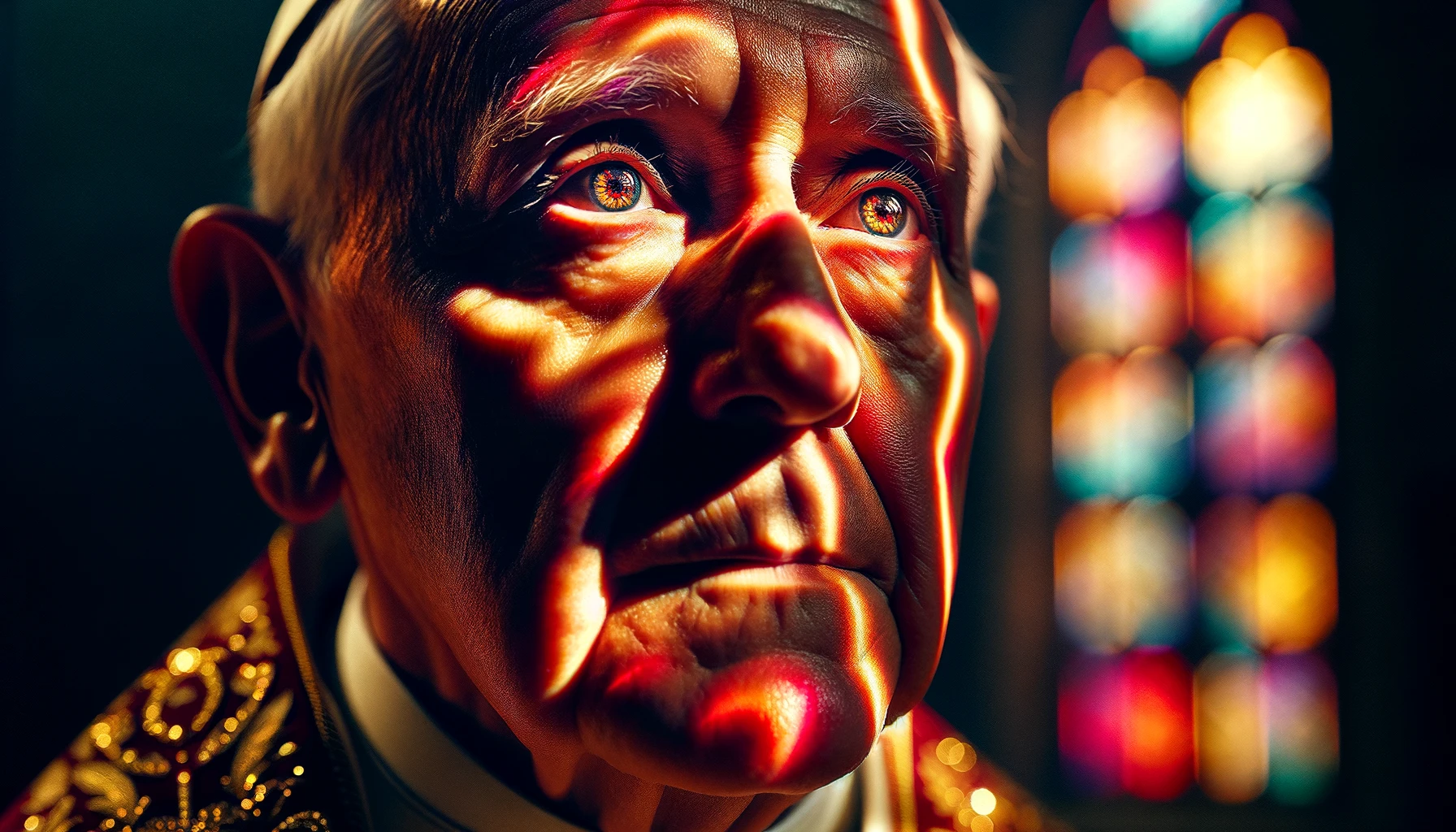 DALL·E 2024-04-21 19.57.09 - A close-up of the pope's face, illuminated by the multicolored light filtering through stained glass windows, reflecting deep anticipation and the sac.webp