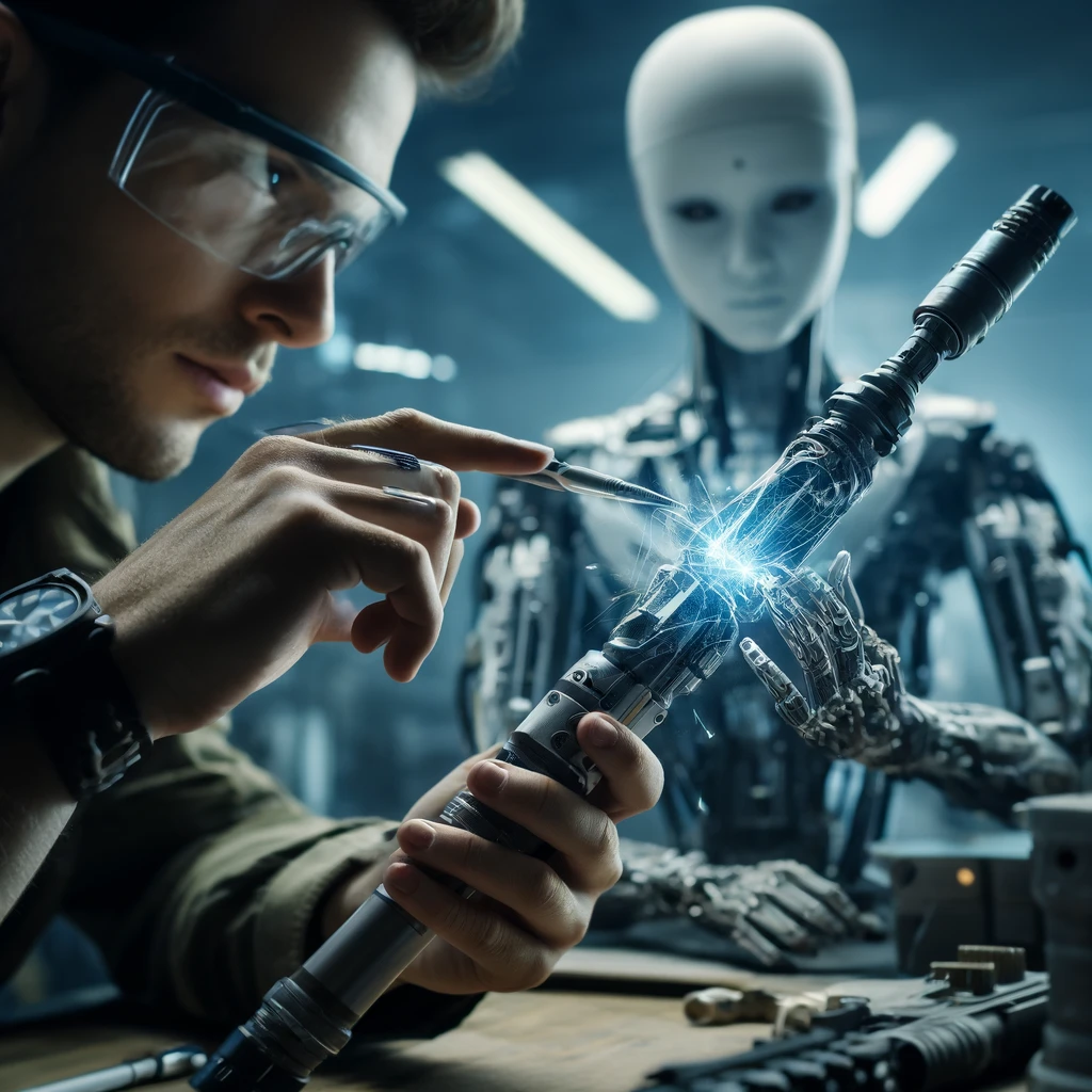 DALL·E 2024-04-14 22.07.18 - A close-up view inside the weapons development workshop, showing a human engineer and an android analyzing a newly created energy weapon. The focus is.webp