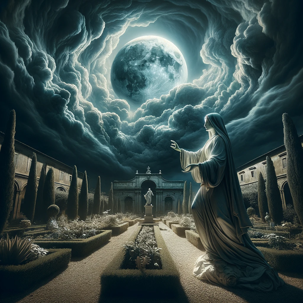 DALL·E 2024-04-20 22.17.33 - Transform the scene into a dramatic interpretation, where Saint Quiteria stands in the foreground of an Italian garden under the tumultuous sky of a f.webp